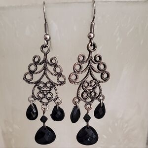 Fancy Scroll, chandelier dangle, black faceted acrylic crystals earrings.